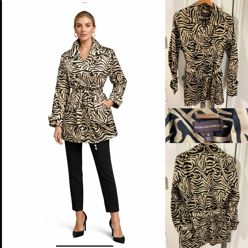 Dana Buchman‎ Zebra Print Belted  Jacket Trench Coat Tan Black Size M chic